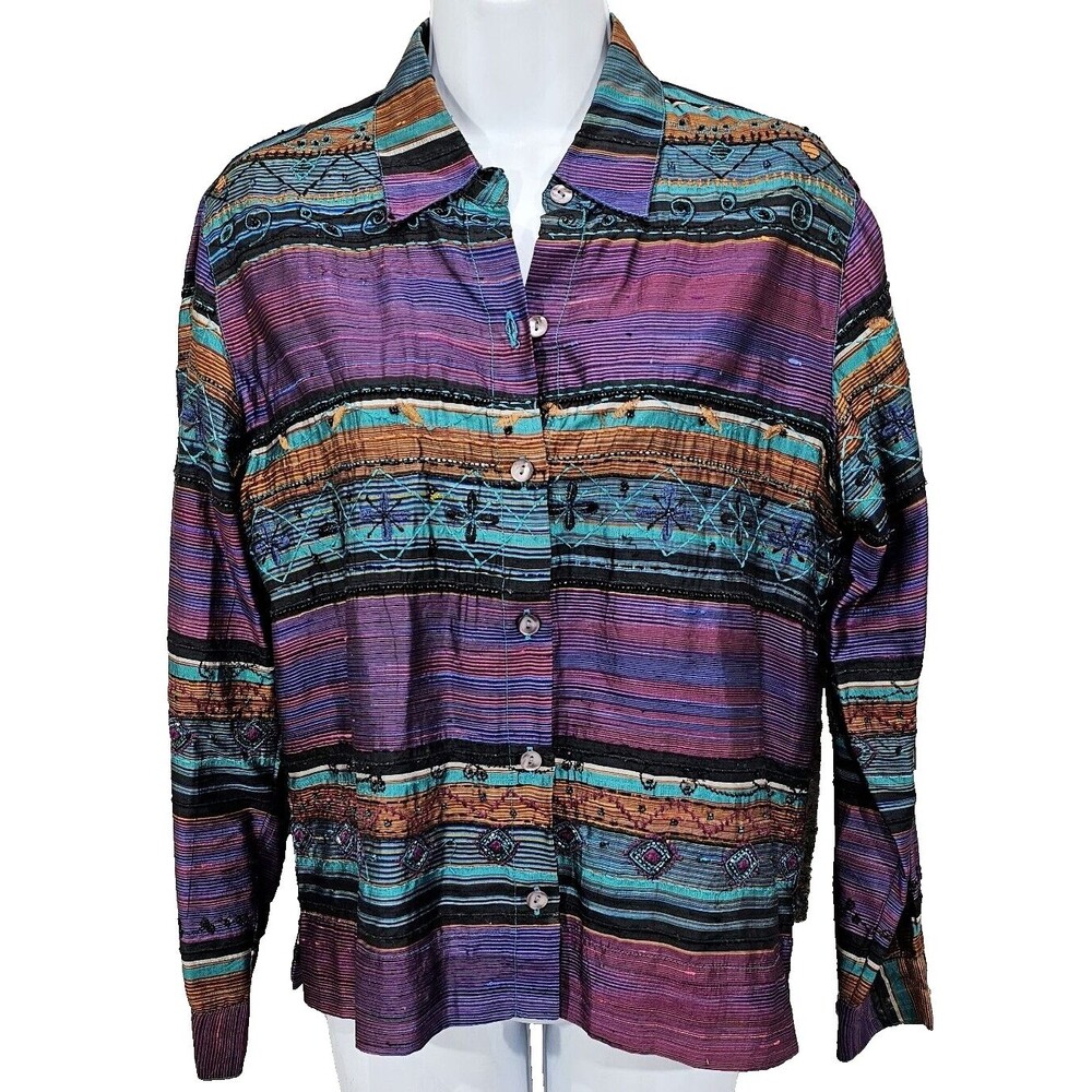 Chico's Silk Button Up Shirt Purple Turquoise Embellished Western Women 0 | S/4